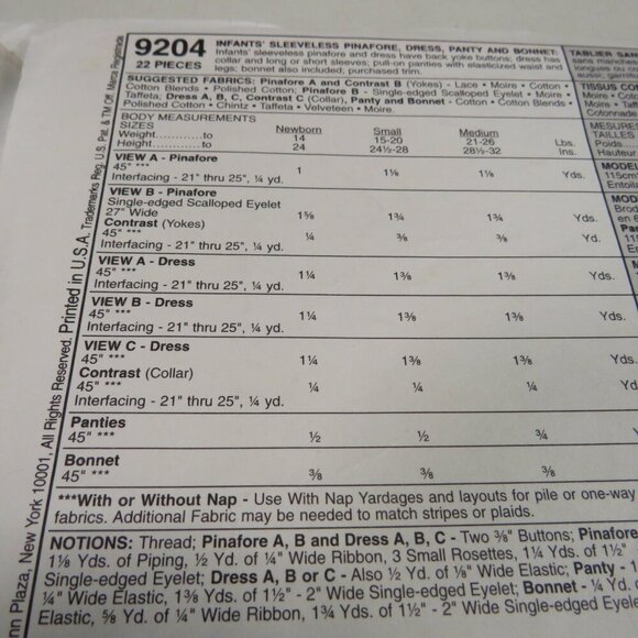 McCalls 9204 Sewing Clothing Pattern NEW BORN size Pinafore Dress, Bonnet, etc. - Picture 8 of 8